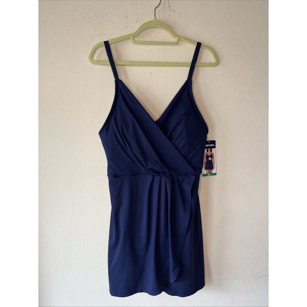Lands' End Tulip Wrap Swim Dress Adult   XL Navy One Piece Vacation Beachy New